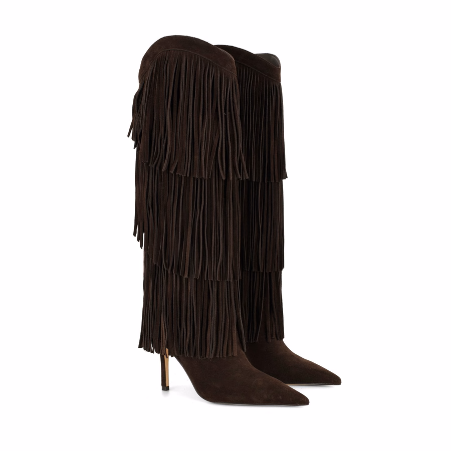Genviv Leder-Fransenstiefel - Dunkelbraunes Wildleder