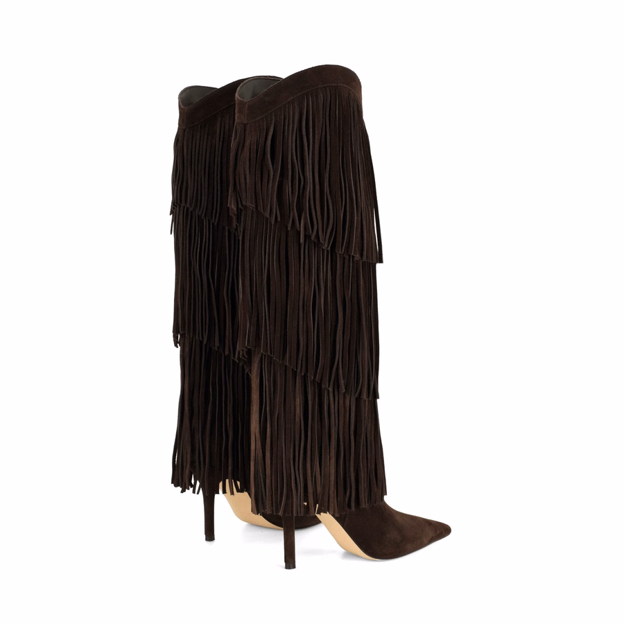 Genviv Leder-Fransenstiefel - Dunkelbraunes Wildleder