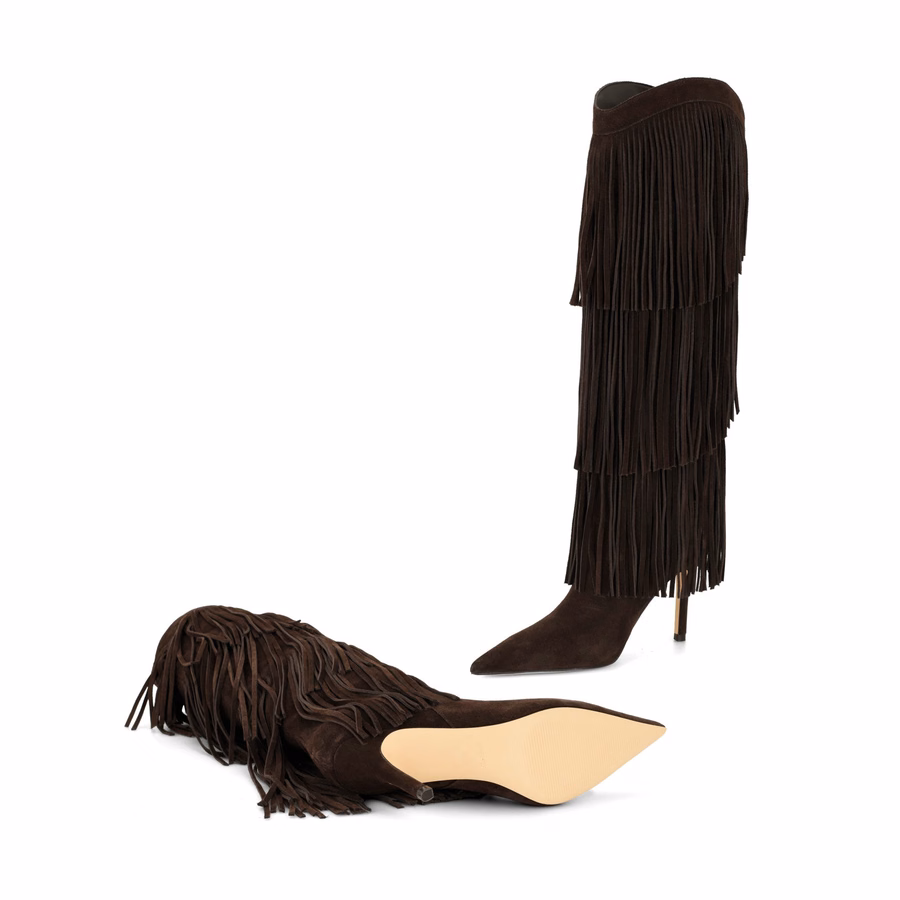 Genviv Leder-Fransenstiefel - Dunkelbraunes Wildleder
