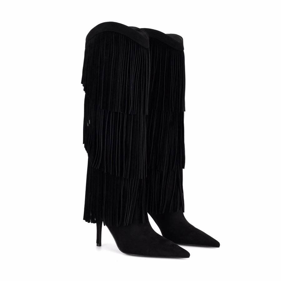 Genviv Leder-Fransenstiefel - Schwarzes Wildleder