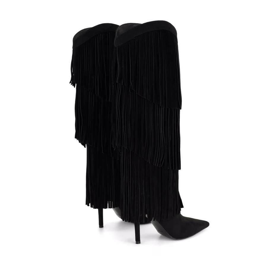 Genviv Leder-Fransenstiefel - Schwarzes Wildleder