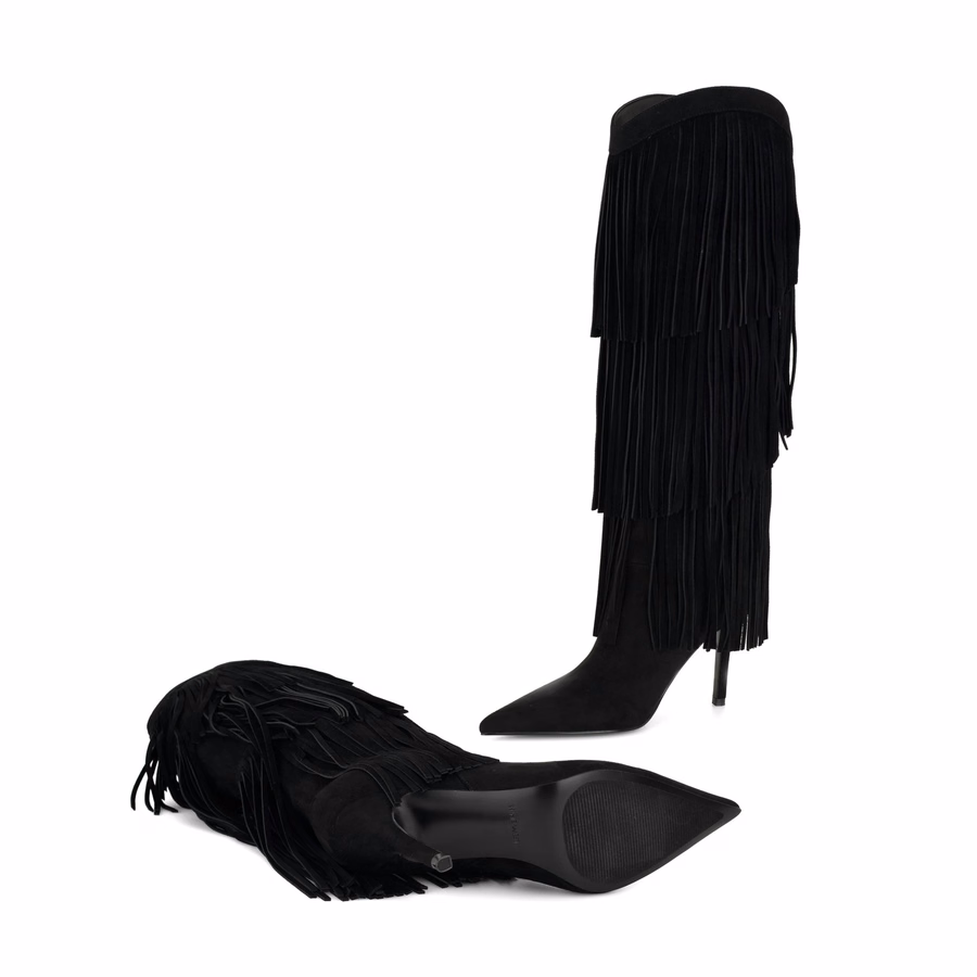 Genviv Leder-Fransenstiefel - Schwarzes Wildleder