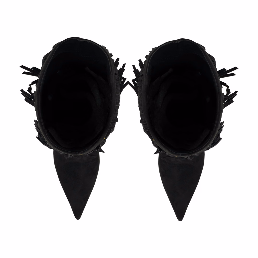 Genviv Leder-Fransenstiefel - Schwarzes Wildleder