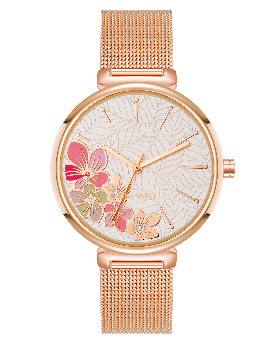 armbanduhr mit mesh-armband und floralem zifferblatt