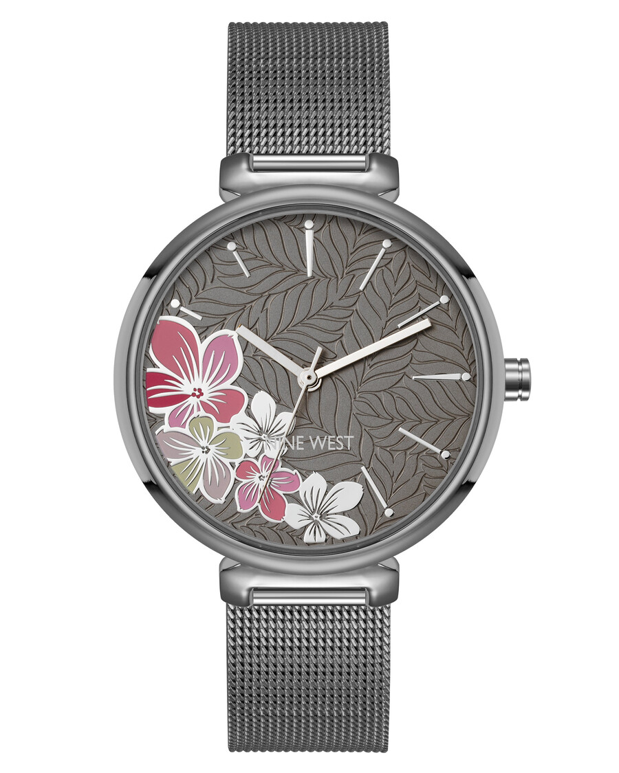 armbanduhr mit mesh-armband und floralem zifferblatt
