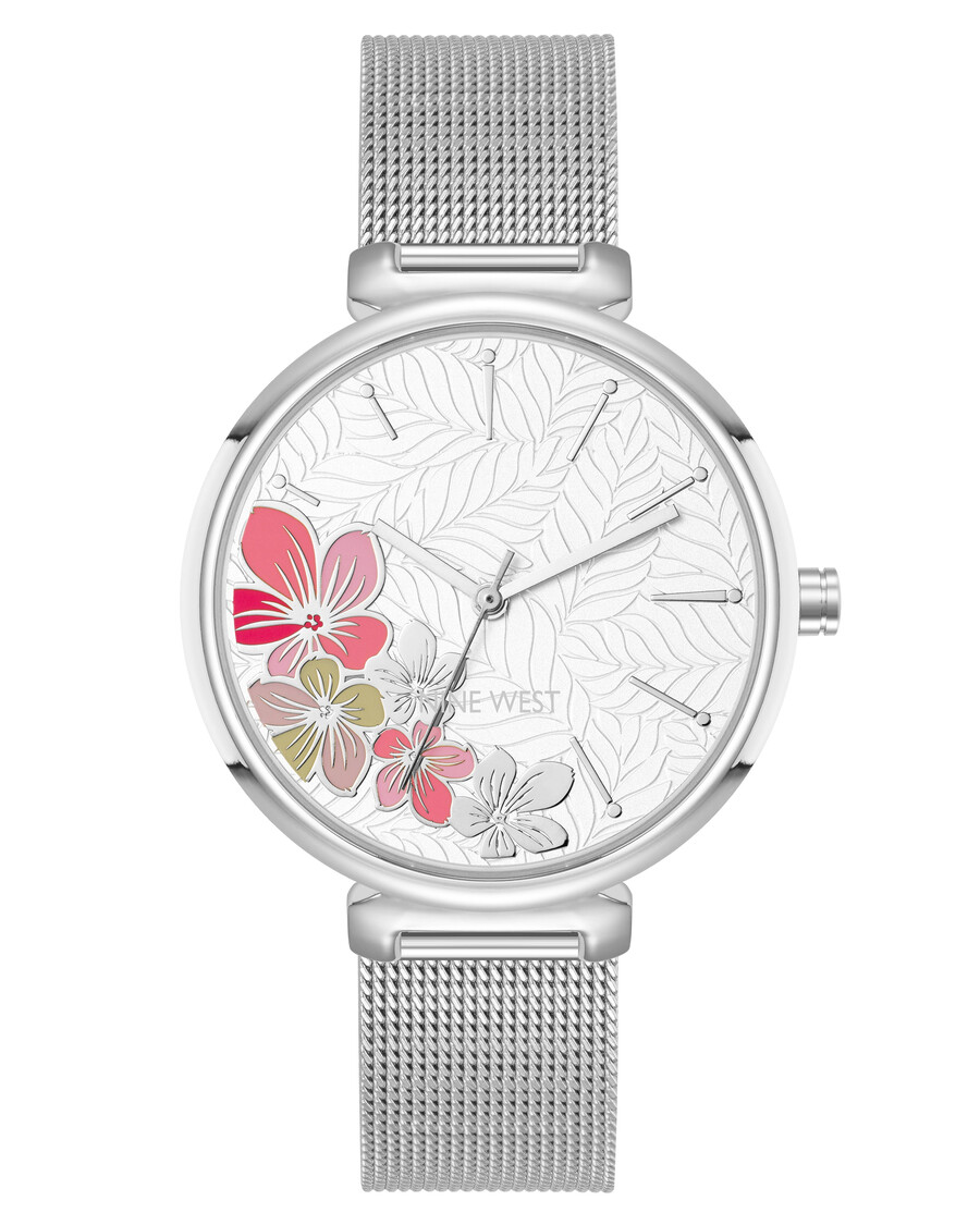 armbanduhr mit mesh-armband und floralem zifferblatt