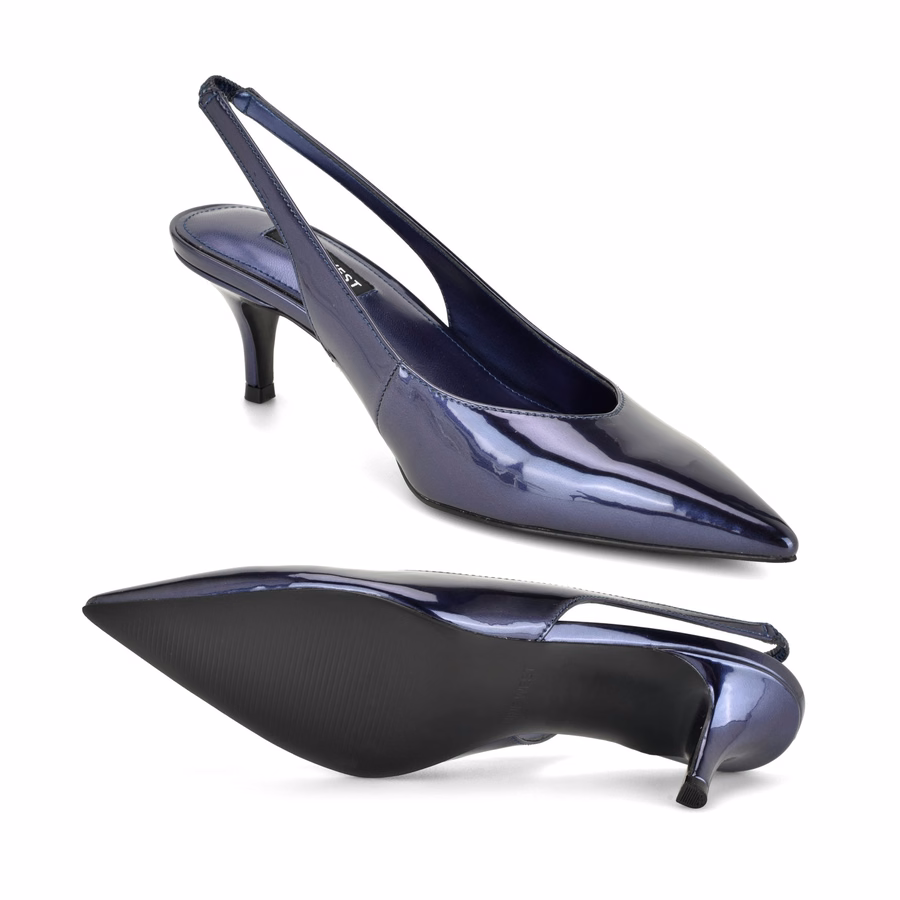 Cassy Slingback-Pumps Mit Kitten-Heel – Blaues Spiegellack-Lackleder